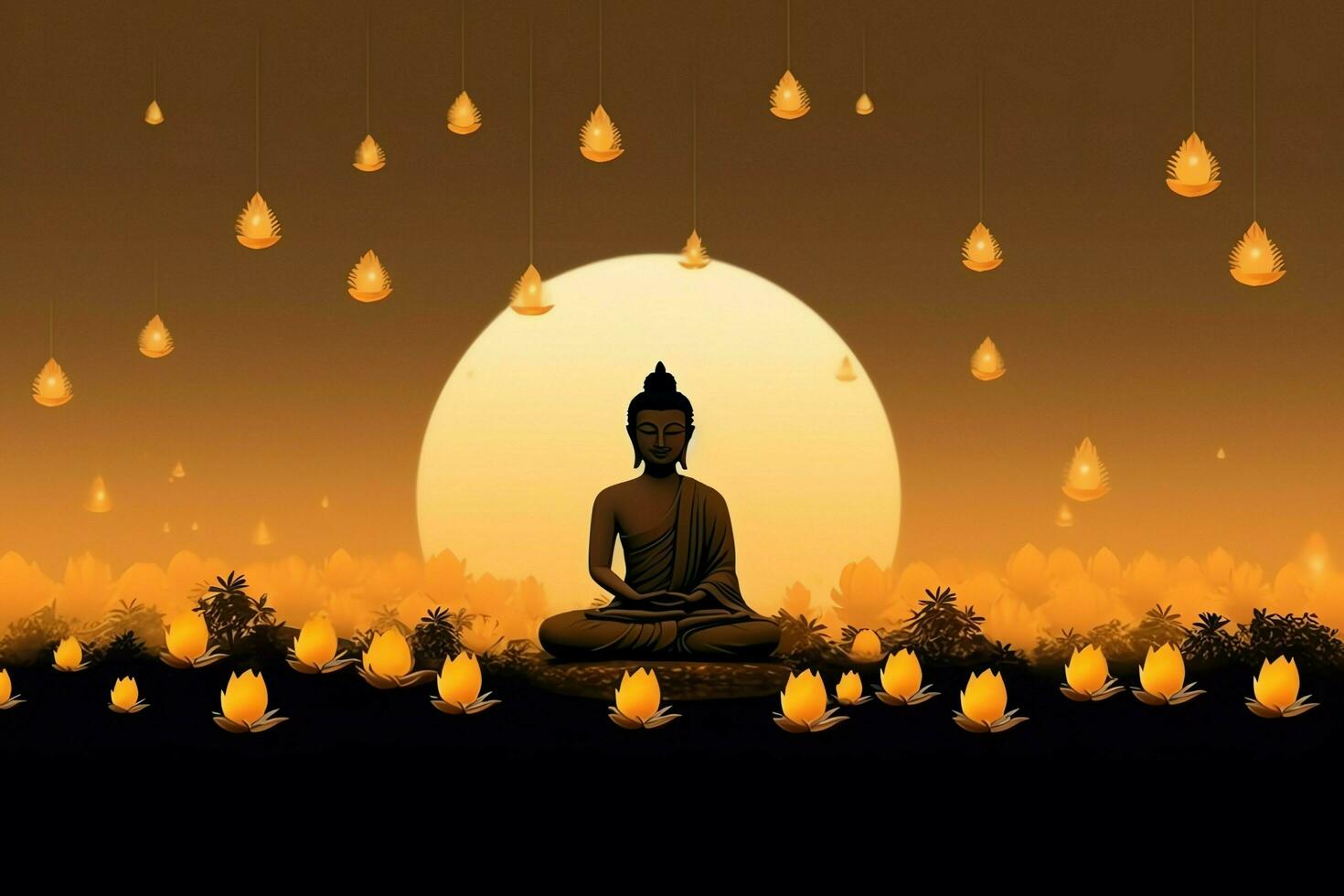 A buddha sits in in vesak buddha purnima day with copy space. Background for vesak festival day concept. Vesak celebration day greetings concept by AI Generated photo