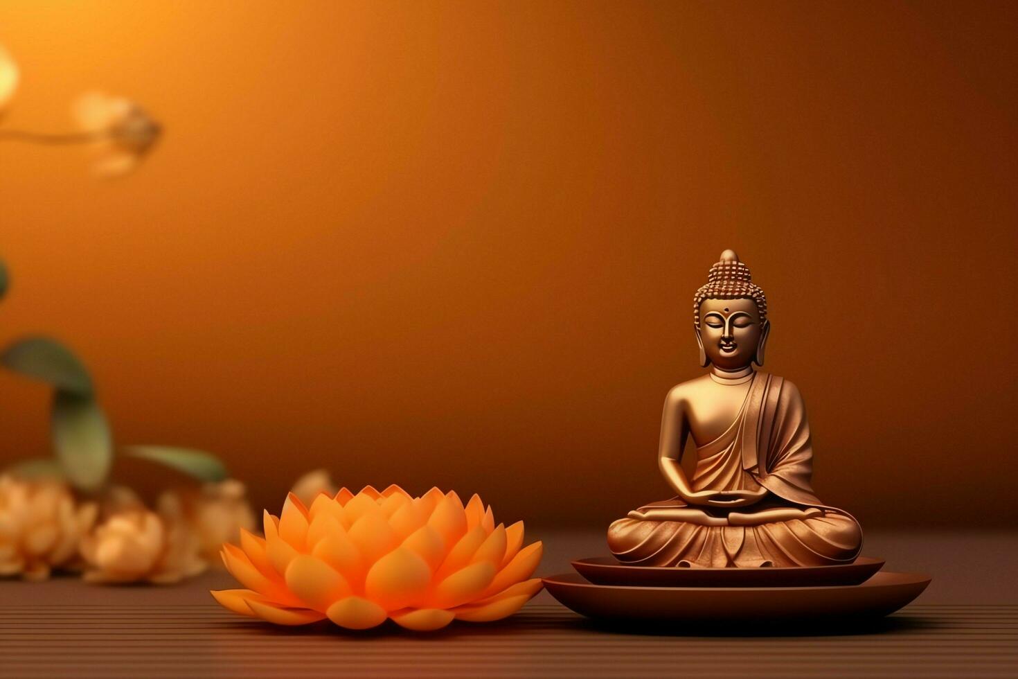 A buddha sits in in vesak buddha purnima day with copy space. Background for vesak festival day concept. Vesak celebration day greetings concept by AI Generated photo