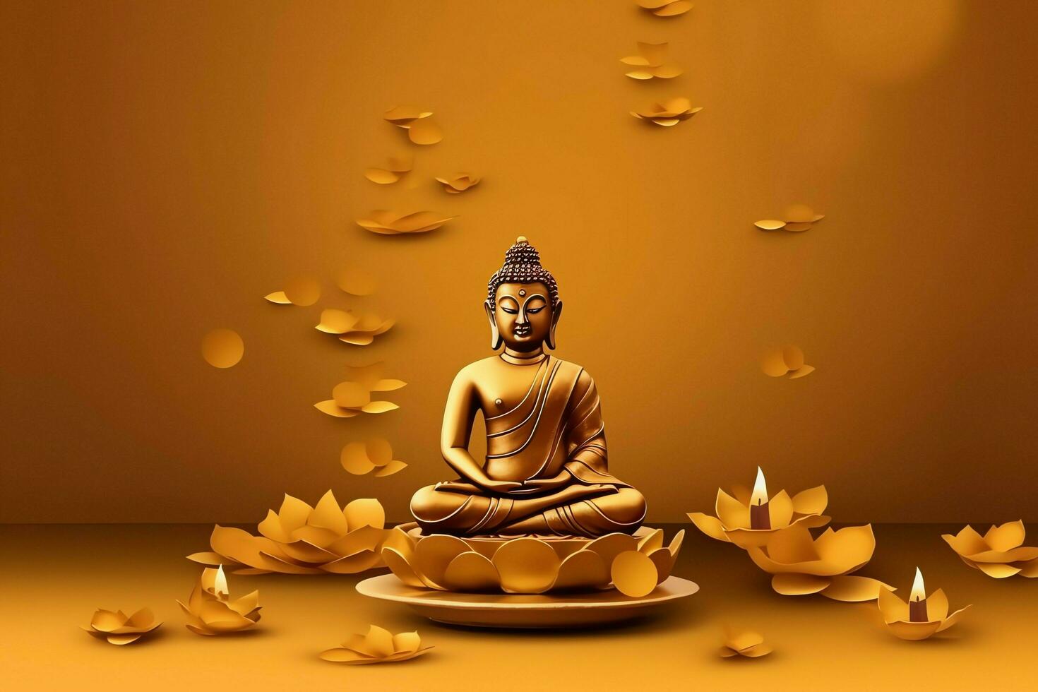 A buddha sits in in vesak buddha purnima day with copy space. Background for vesak festival day concept. Vesak celebration day greetings concept by AI Generated photo