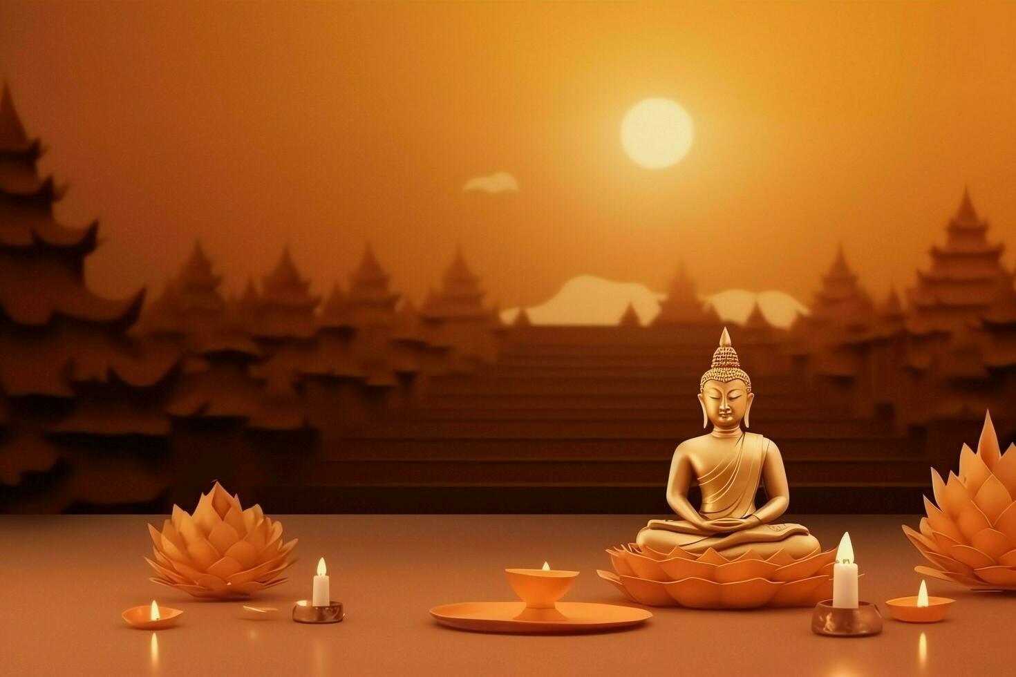 A buddha sits in in vesak buddha purnima day with copy space. Background for vesak festival day concept. Vesak celebration day greetings concept by AI Generated photo