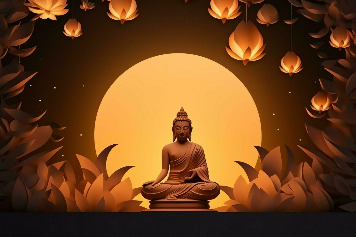 A buddha sits in in vesak buddha purnima day with copy space. Background for vesak festival day concept. Vesak celebration day greetings concept by AI Generated photo