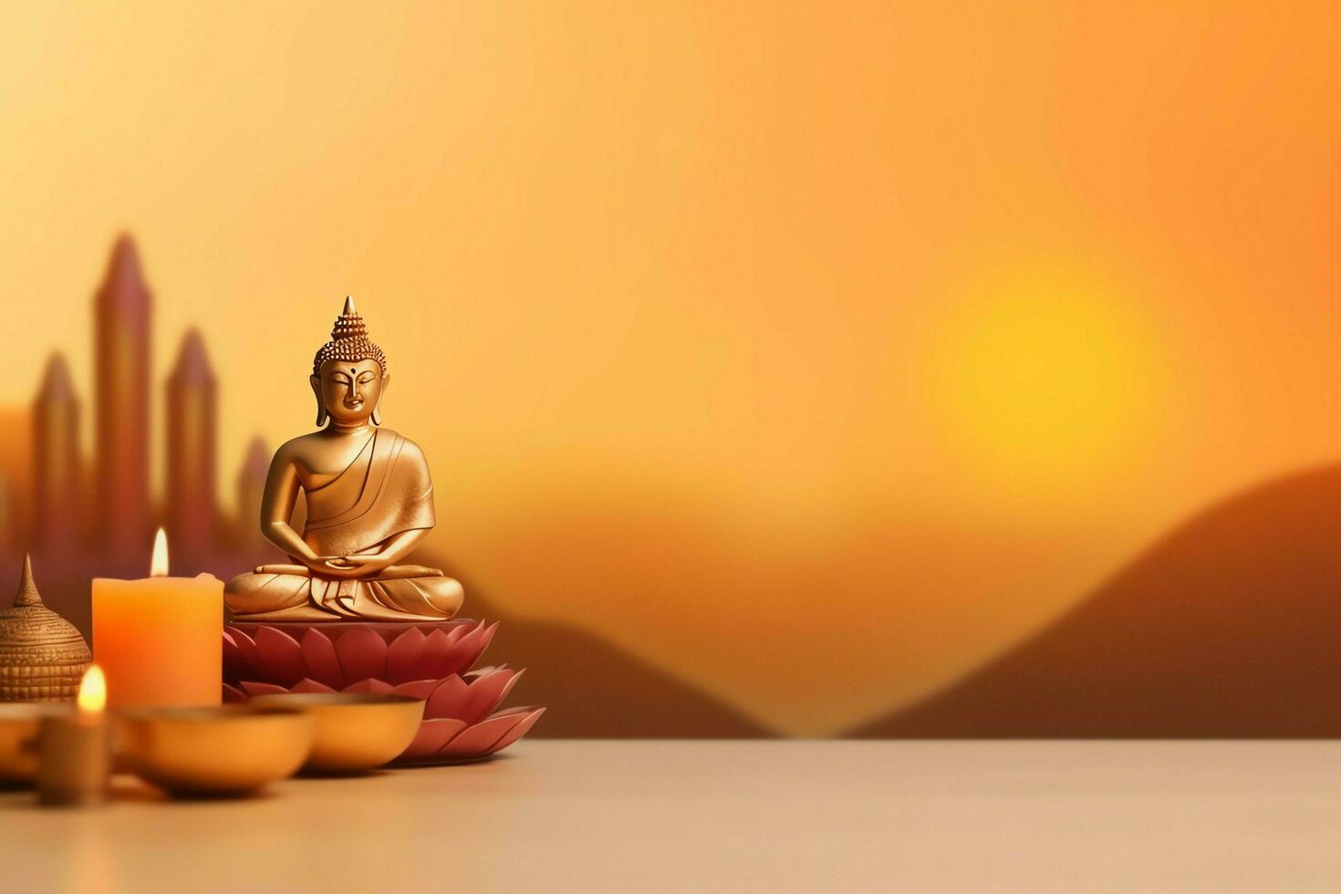 A buddha sits in in vesak buddha purnima day with copy space. Background for vesak festival day concept. Vesak celebration day greetings concept by AI Generated photo