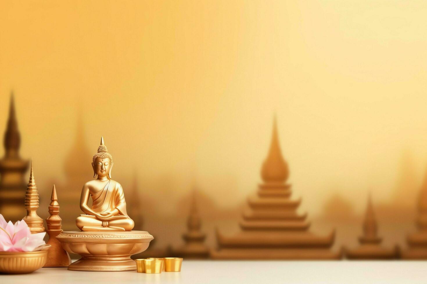 A buddha sits in in vesak buddha purnima day with copy space. Background for vesak festival day concept. Vesak celebration day greetings concept by AI Generated photo