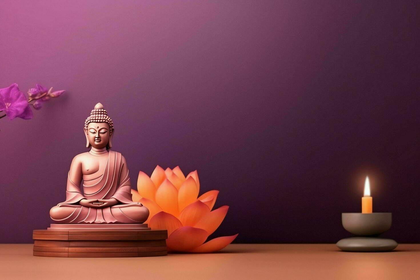 A buddha sits in in vesak buddha purnima day with copy space. Background for vesak festival day concept. Vesak celebration day greetings concept by AI Generated photo