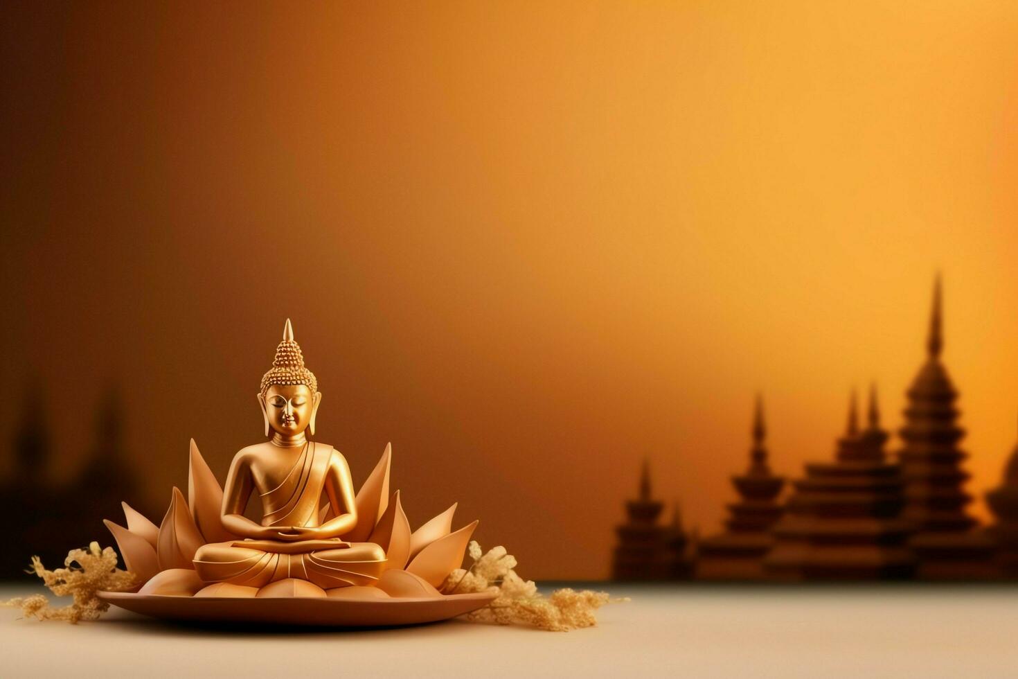 A buddha sits in in vesak buddha purnima day with copy space. Background for vesak festival day concept. Vesak celebration day greetings concept by AI Generated photo