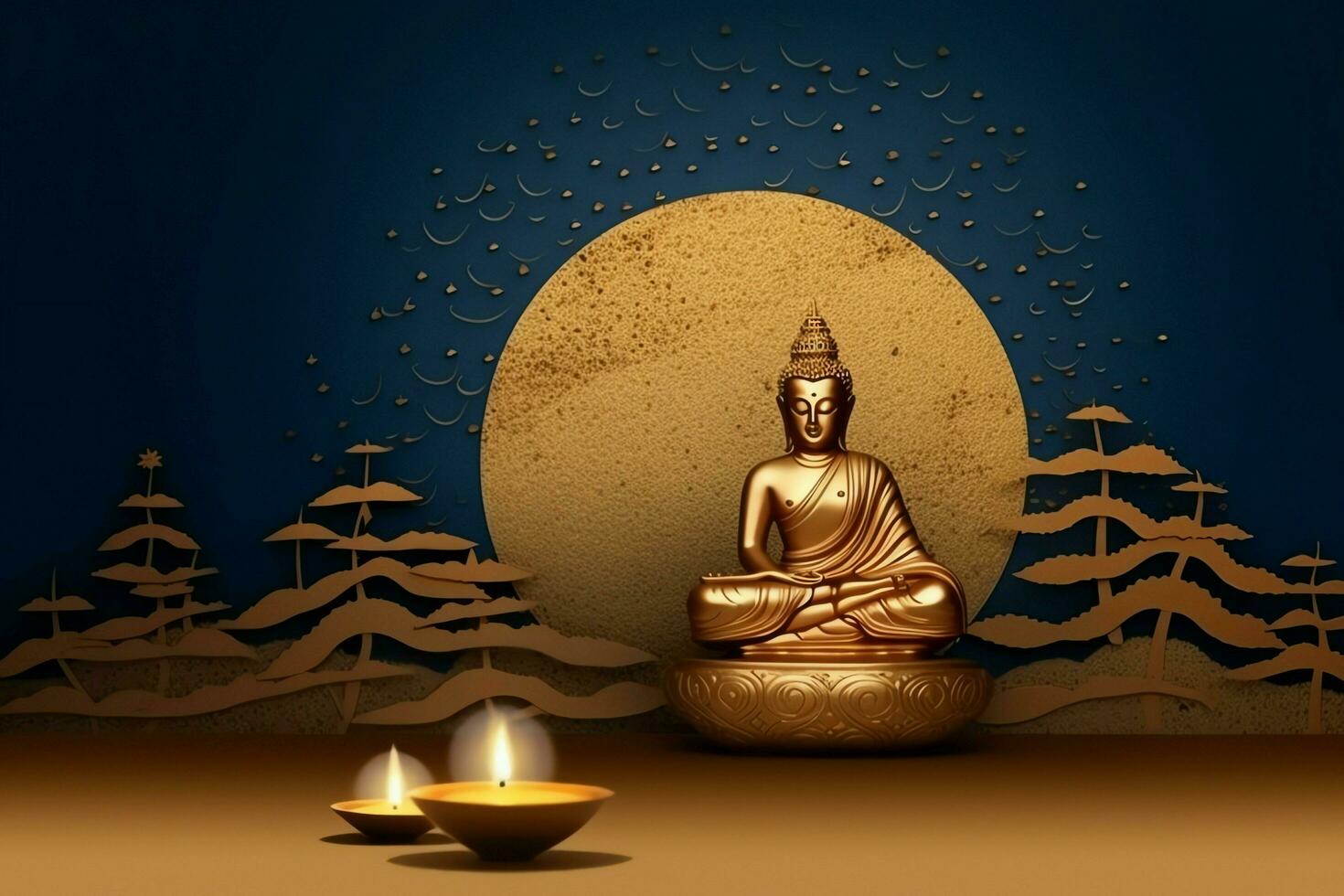A buddha sits in in vesak buddha purnima day with copy space. Background for vesak festival day concept. Vesak celebration day greetings concept by AI Generated photo