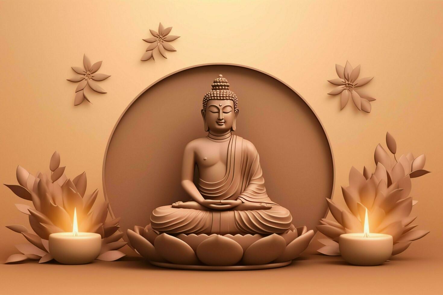 A buddha sits in in vesak buddha purnima day with copy space. Background for vesak festival day concept. Vesak celebration day greetings concept by AI Generated photo