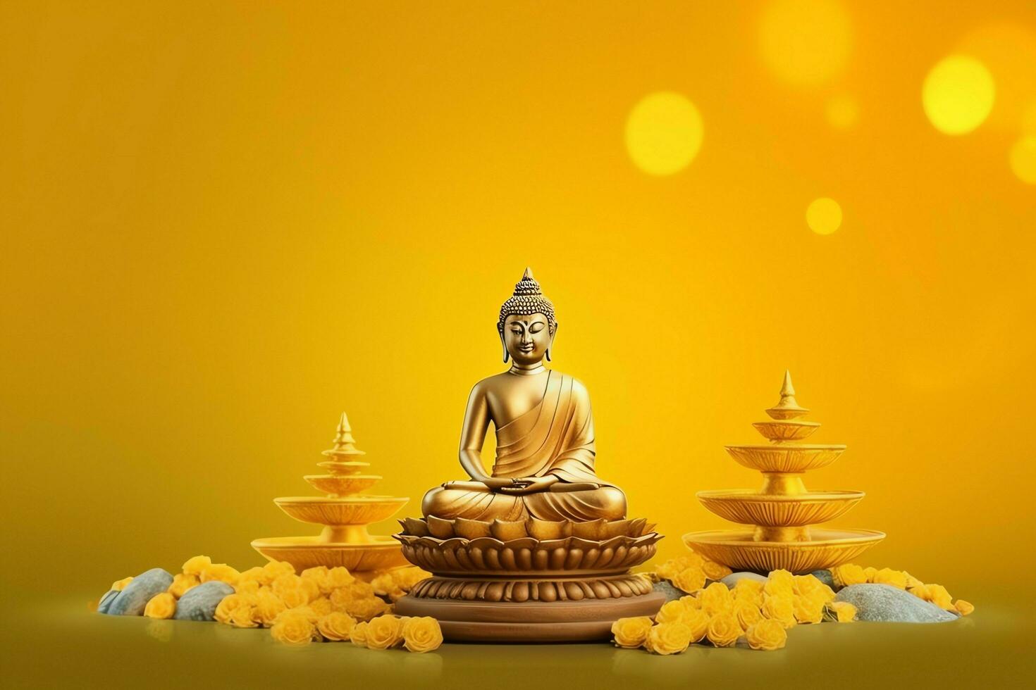 A buddha sits in in vesak buddha purnima day with copy space. Background for vesak festival day concept. Vesak celebration day greetings concept by AI Generated photo