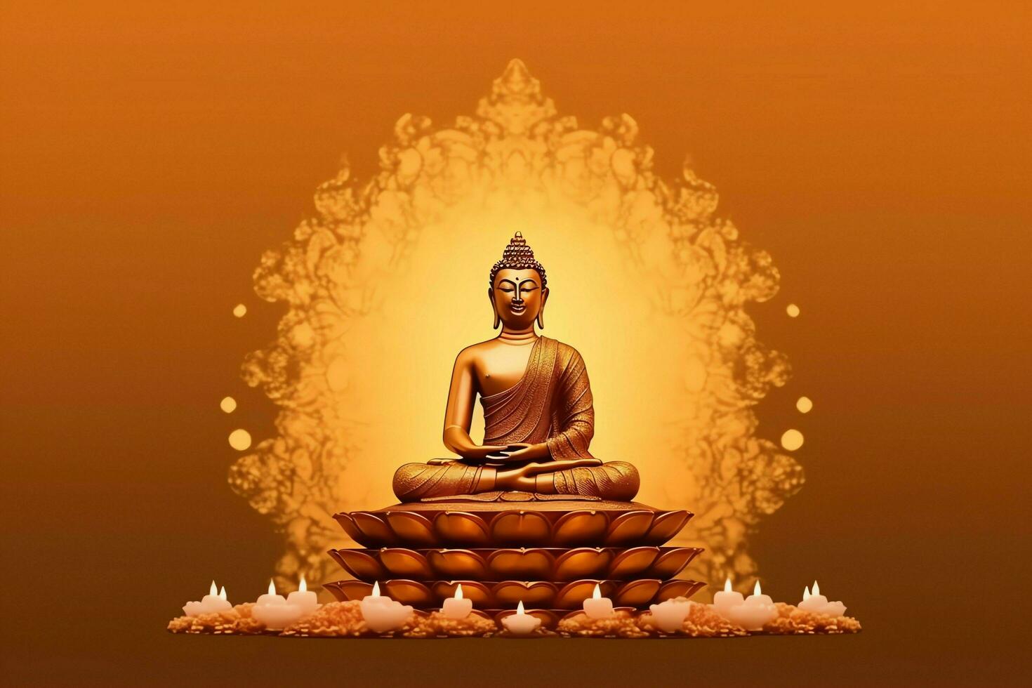 A buddha sits in in vesak buddha purnima day with copy space. Background for vesak festival day concept. Vesak celebration day greetings concept by AI Generated photo