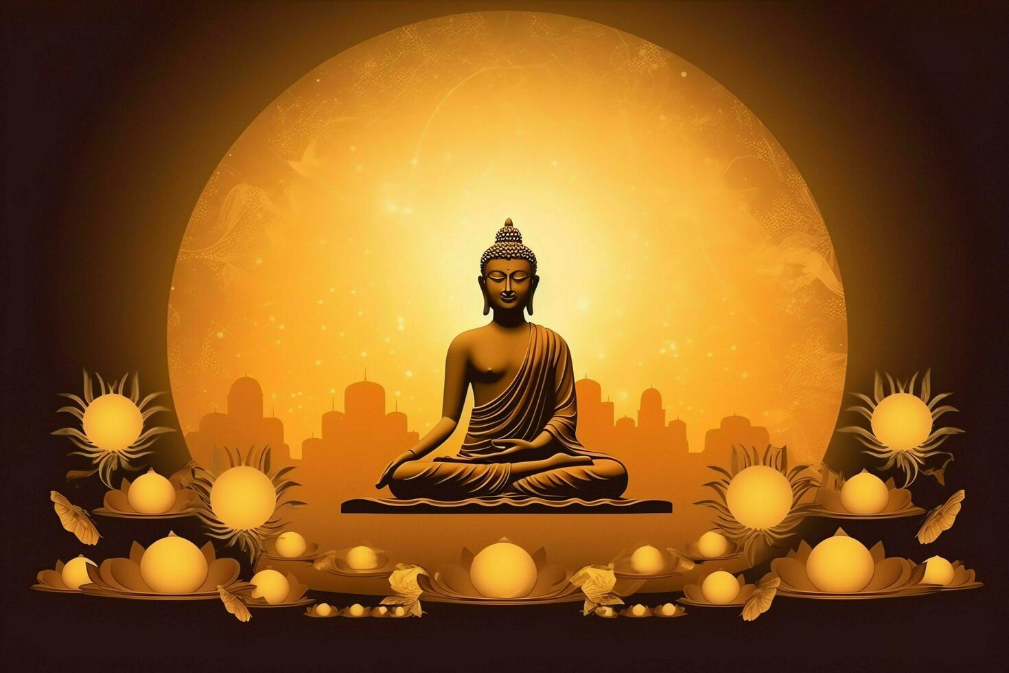 A buddha sits in in vesak buddha purnima day with copy space. Background for vesak festival day concept. Vesak celebration day greetings concept by AI Generated photo