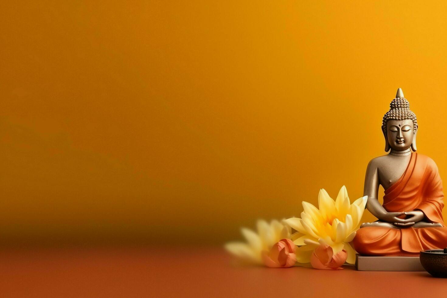 A buddha sits in in vesak buddha purnima day with copy space. Background for vesak festival day concept. Vesak celebration day greetings concept by AI Generated photo