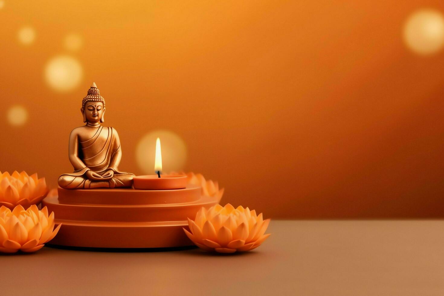A buddha sits in in vesak buddha purnima day with copy space. Background for vesak festival day concept. Vesak celebration day greetings concept by AI Generated photo