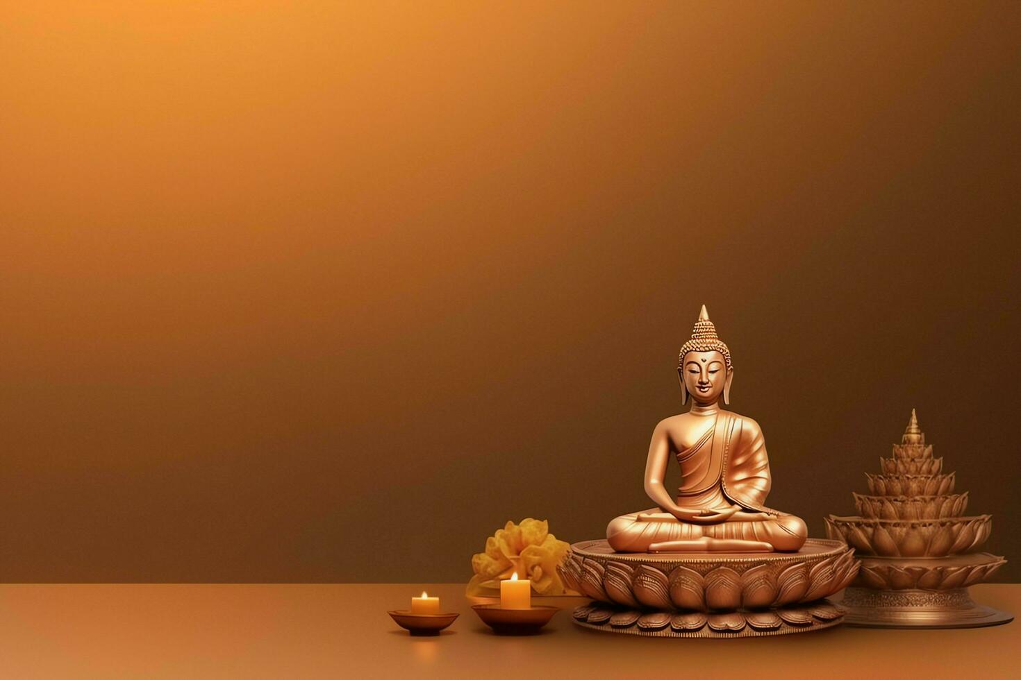 A buddha sits in in vesak buddha purnima day with copy space. Background for vesak festival day concept. Vesak celebration day greetings concept by AI Generated photo