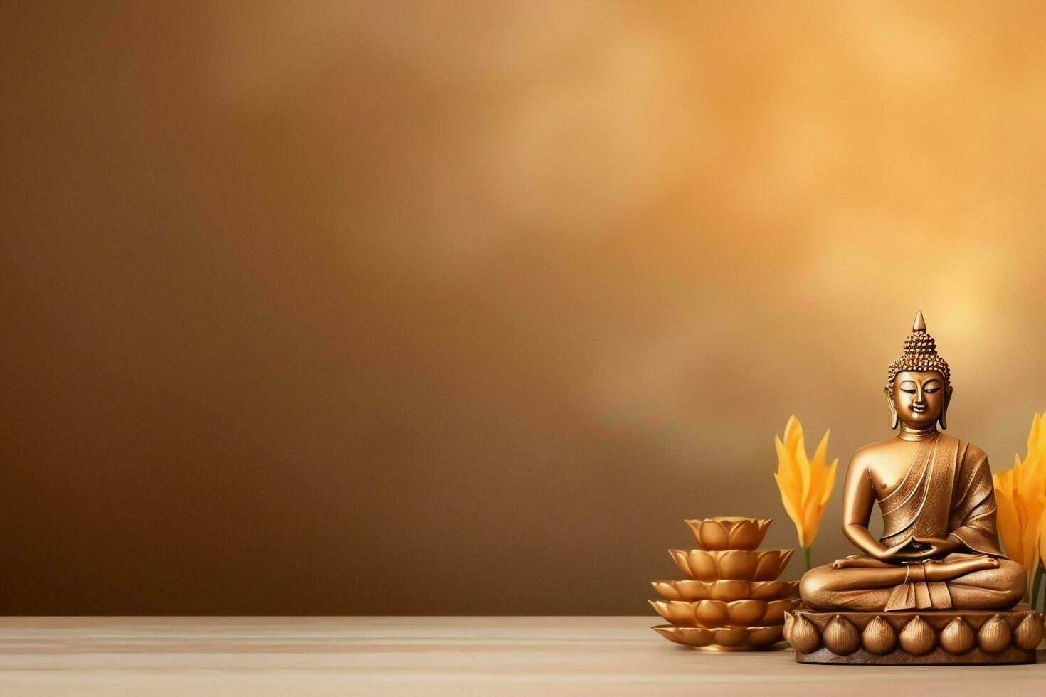 A buddha sits in in vesak buddha purnima day with copy space. Background for vesak festival day concept. Vesak celebration day greetings concept by AI Generated photo
