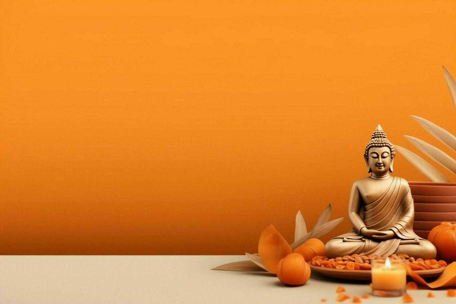 A buddha sits in in vesak buddha purnima day with copy space. Background for vesak festival day concept. Vesak celebration day greetings concept by AI Generated photo