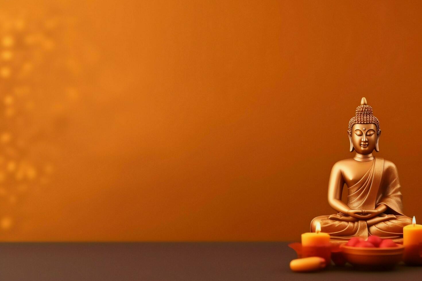 A buddha sits in in vesak buddha purnima day with copy space. Background for vesak festival day concept. Vesak celebration day greetings concept by AI Generated photo