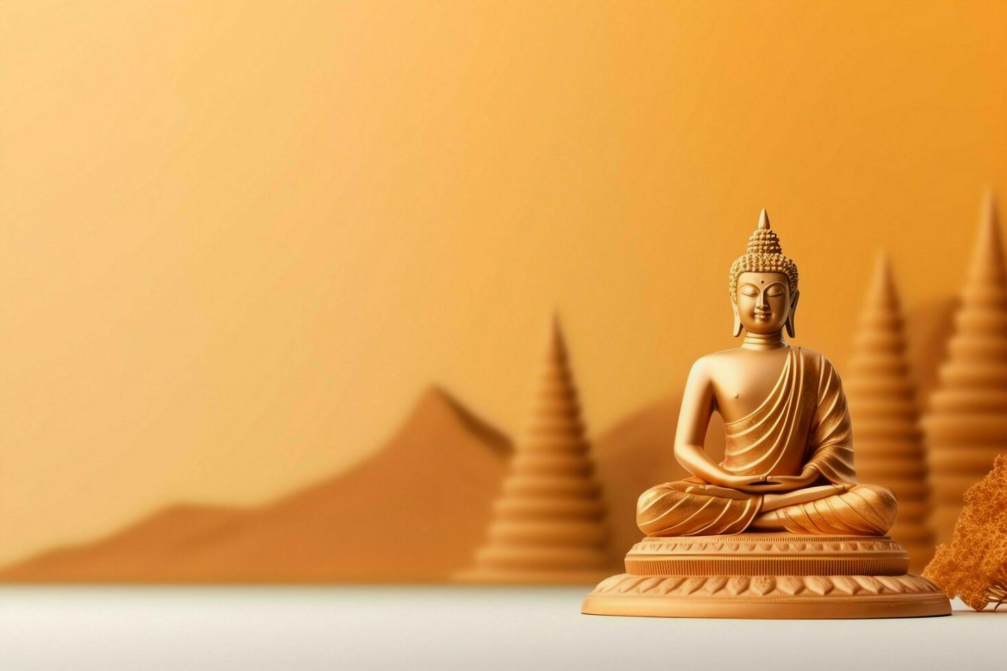 A buddha sits in in vesak buddha purnima day with copy space. Background for vesak festival day concept. Vesak celebration day greetings concept by AI Generated photo
