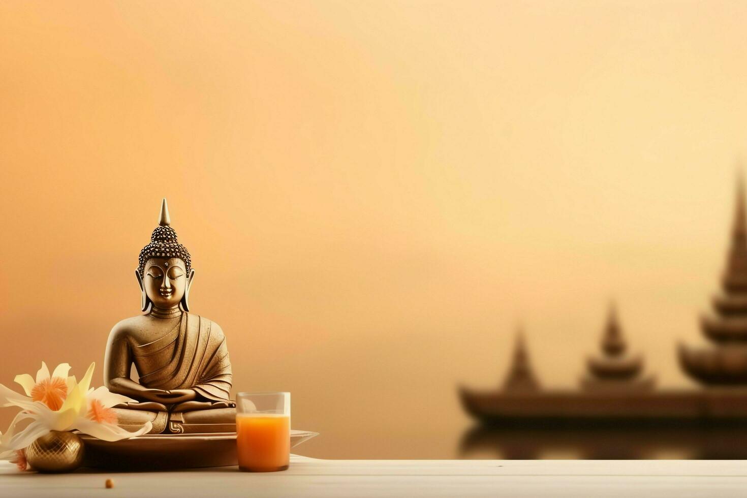 A buddha sits in in vesak buddha purnima day with copy space. Background for vesak festival day concept. Vesak celebration day greetings concept by AI Generated photo