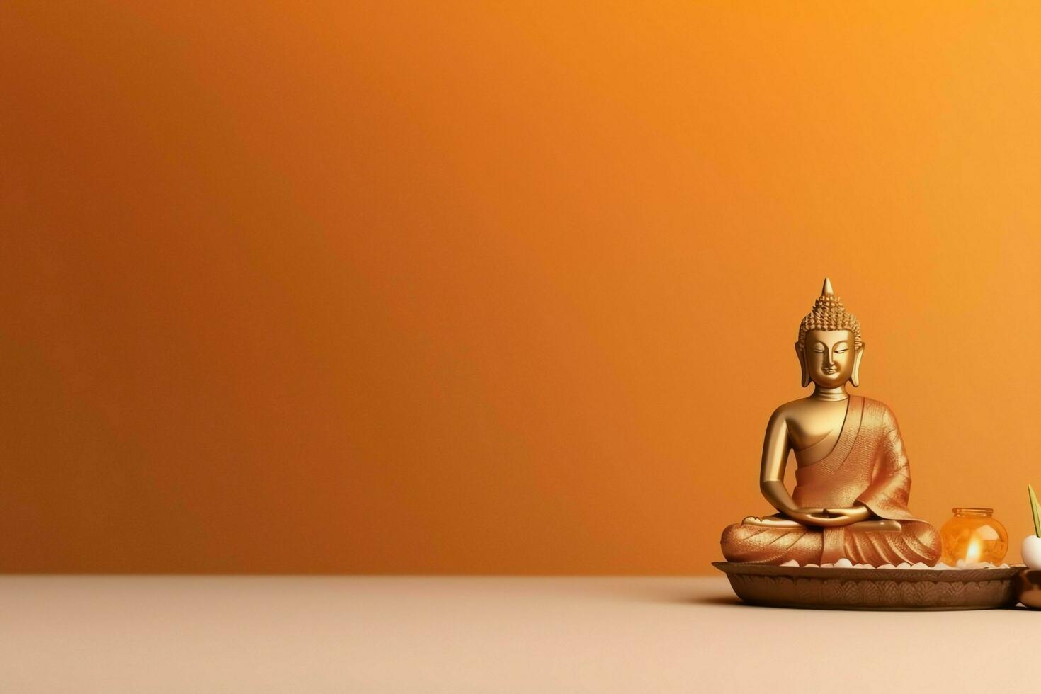 A buddha sits in in vesak buddha purnima day with copy space. Background for vesak festival day concept. Vesak celebration day greetings concept by AI Generated photo
