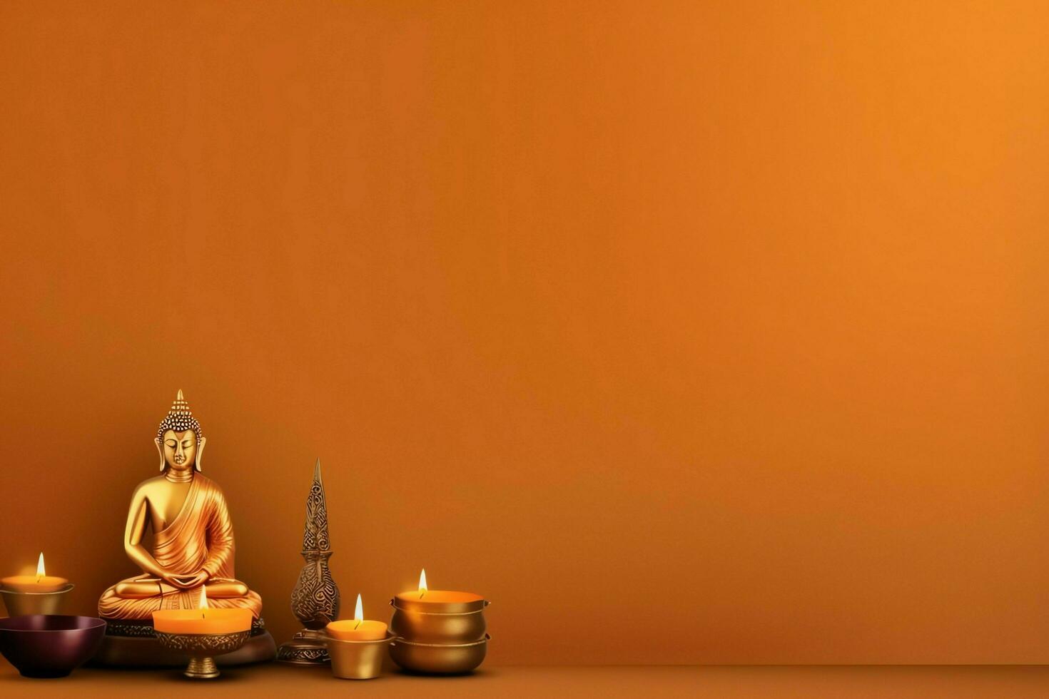 A buddha sits in in vesak buddha purnima day with copy space. Background for vesak festival day concept. Vesak celebration day greetings concept by AI Generated photo
