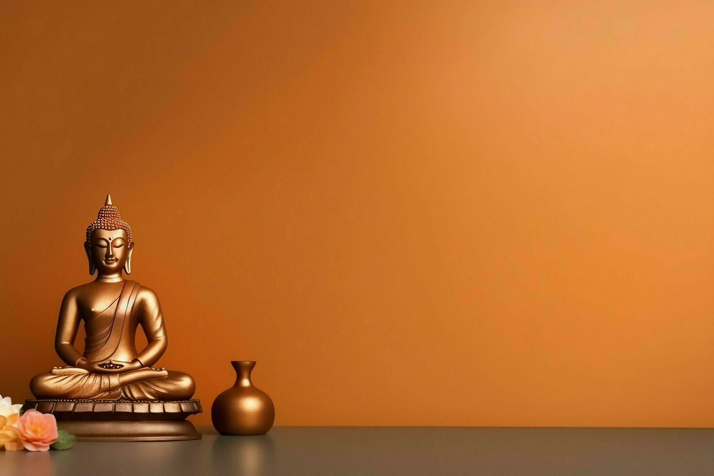 A buddha sits in in vesak buddha purnima day with copy space. Background for vesak festival day concept. Vesak celebration day greetings concept by AI Generated photo