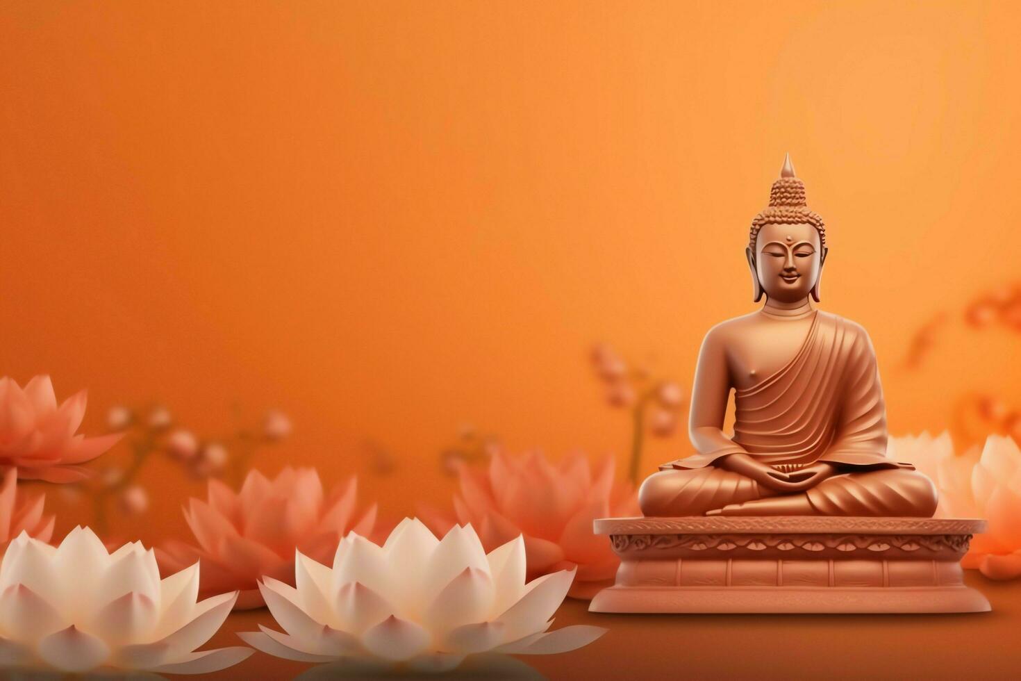 A buddha sits in in vesak buddha purnima day with copy space. Background for vesak festival day concept. Vesak celebration day greetings concept by AI Generated photo