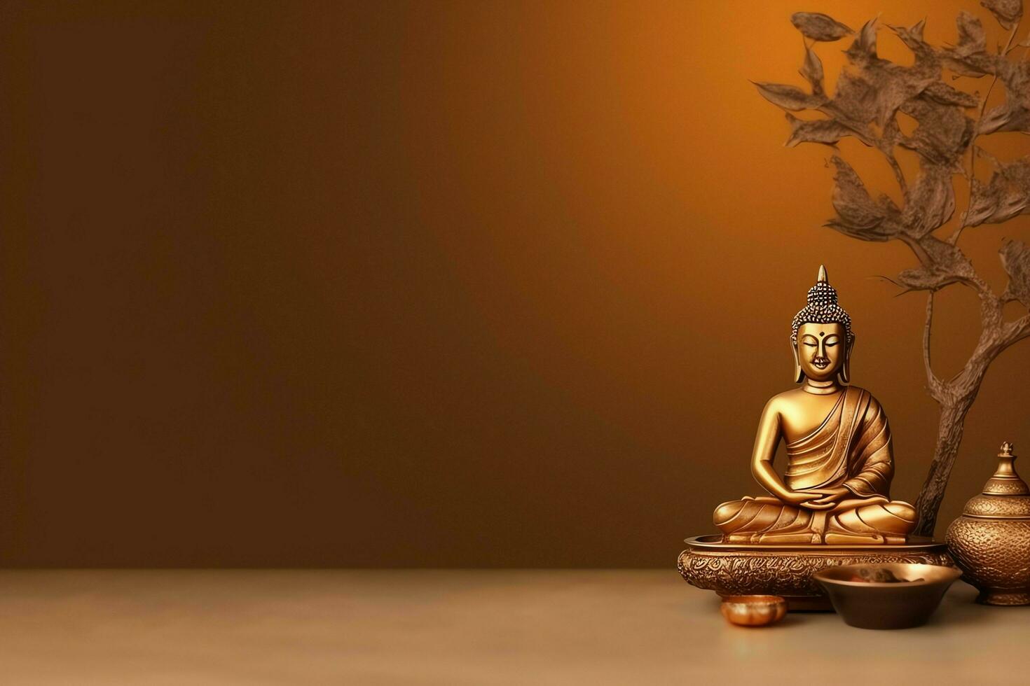 A buddha sits in in vesak buddha purnima day with copy space. Background for vesak festival day concept. Vesak celebration day greetings concept by AI Generated photo