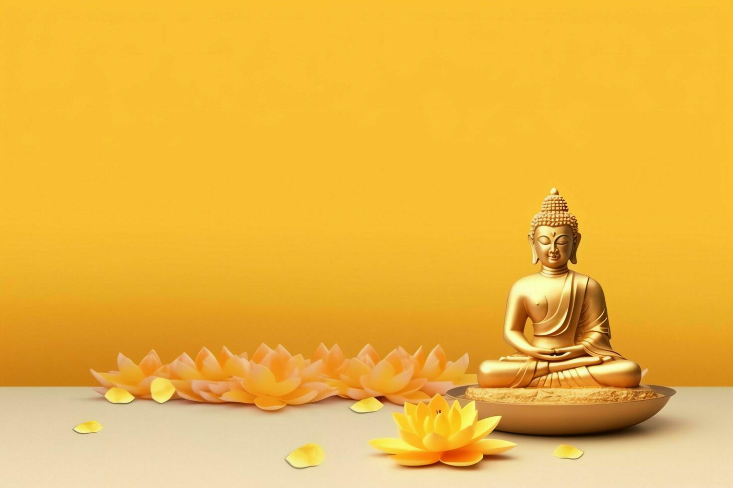 A buddha sits in in vesak buddha purnima day with copy space. Background for vesak festival day concept. Vesak celebration day greetings concept by AI Generated photo