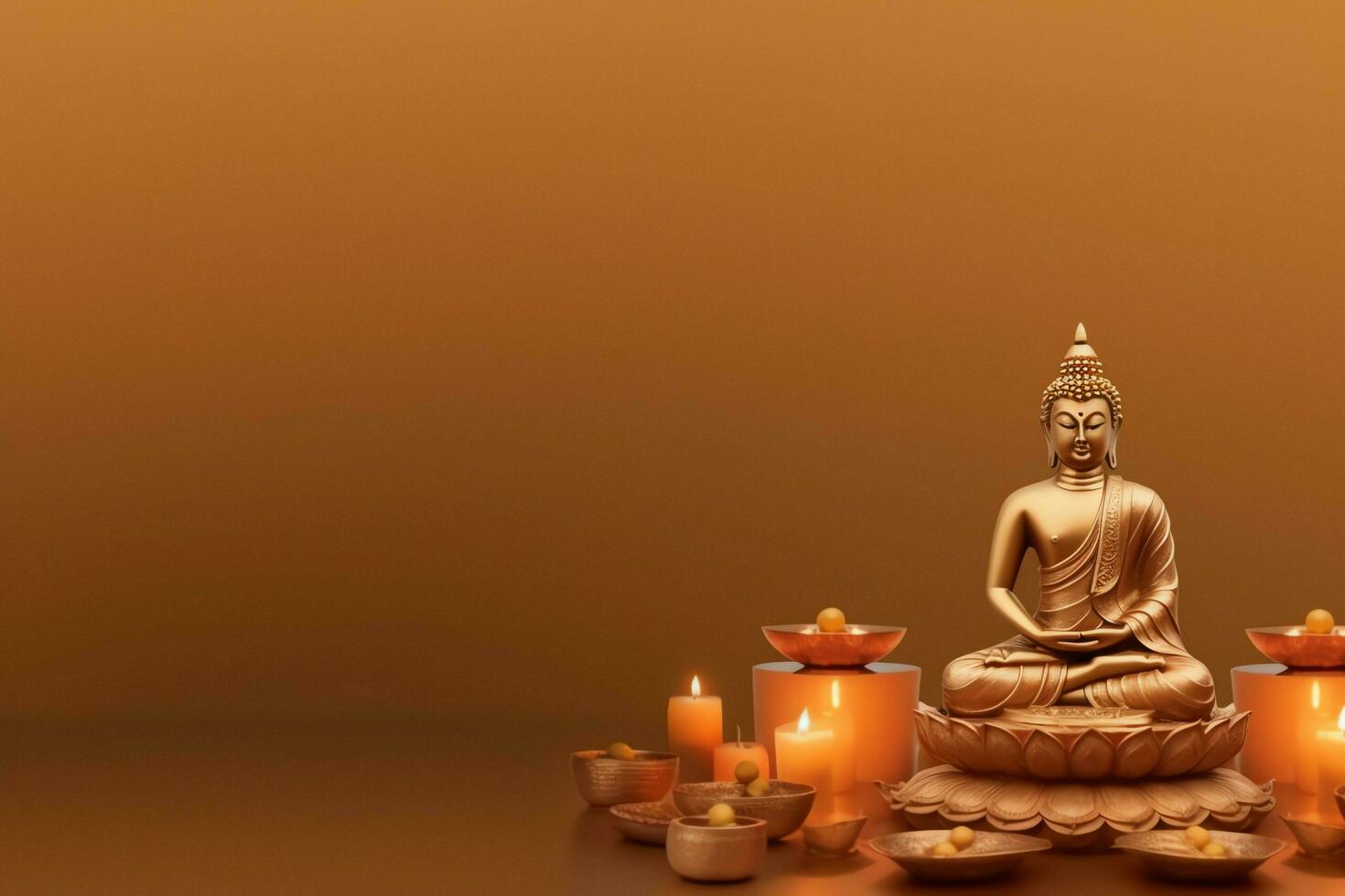 A buddha sits in in vesak buddha purnima day with copy space. Background for vesak festival day concept. Vesak celebration day greetings concept by AI Generated photo