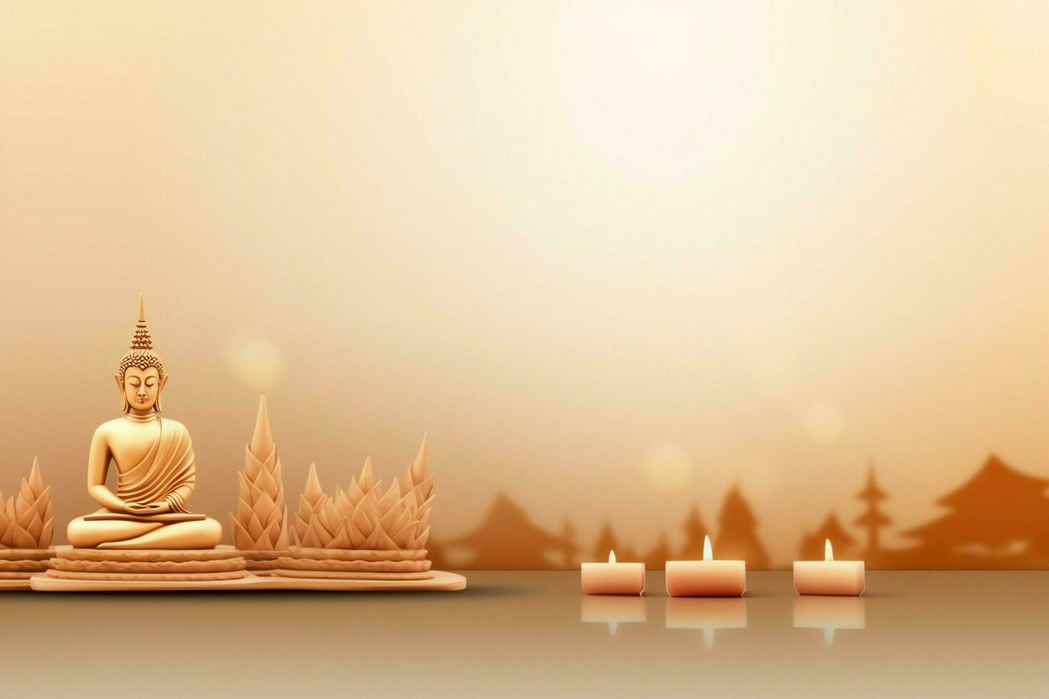 A buddha sits in in vesak buddha purnima day with copy space. Background for vesak festival day concept. Vesak celebration day greetings concept by AI Generated photo
