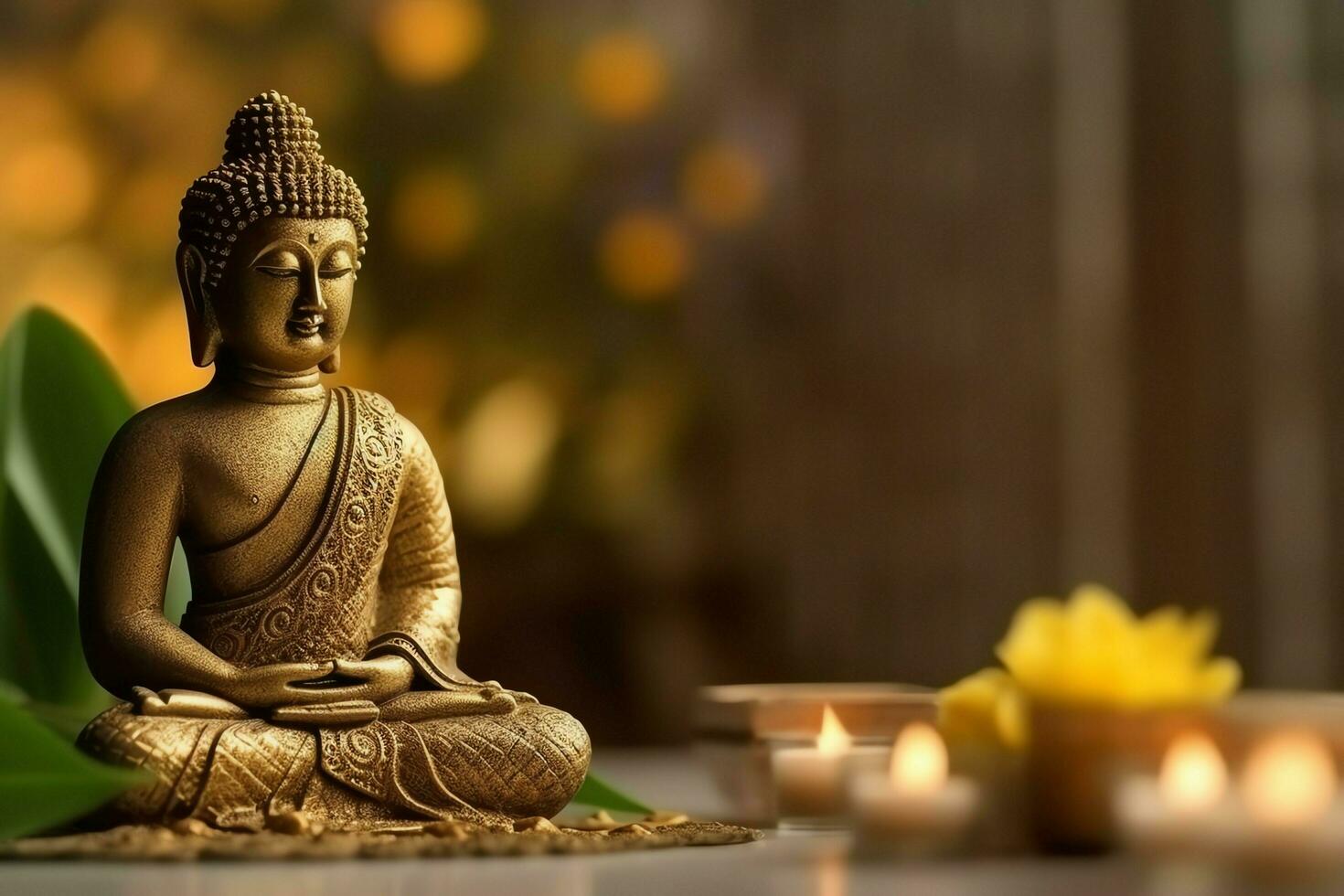 A buddha sits in in vesak buddha purnima day with copy space. Background for vesak festival day concept. Vesak celebration day greetings concept by AI Generated photo