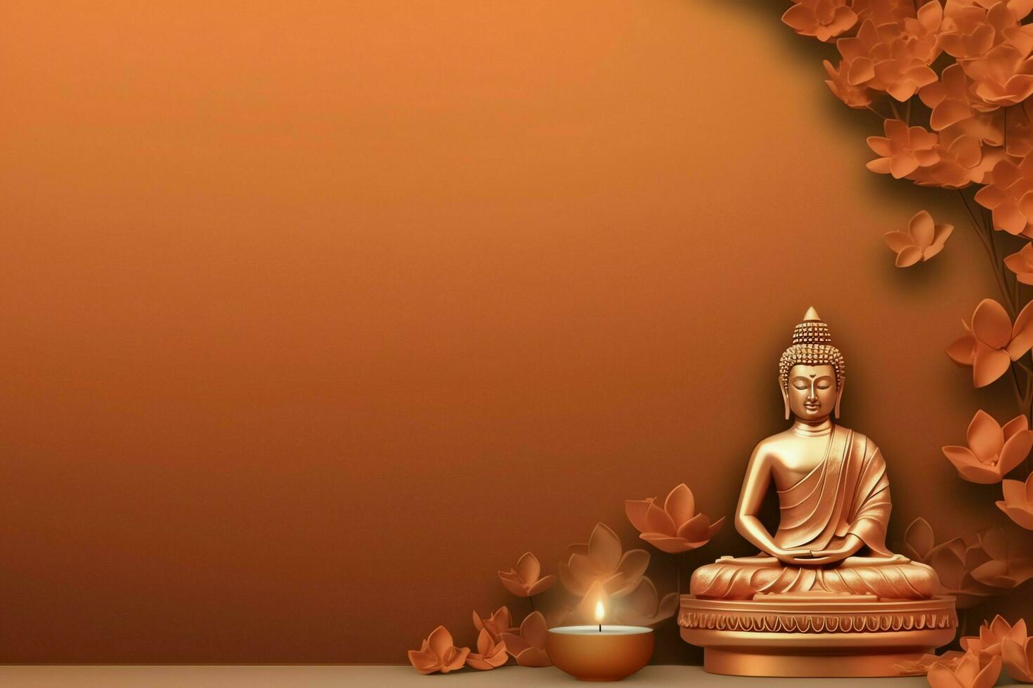 A buddha sits in in vesak buddha purnima day with copy space. Background for vesak festival day concept. Vesak celebration day greetings concept by AI Generated photo