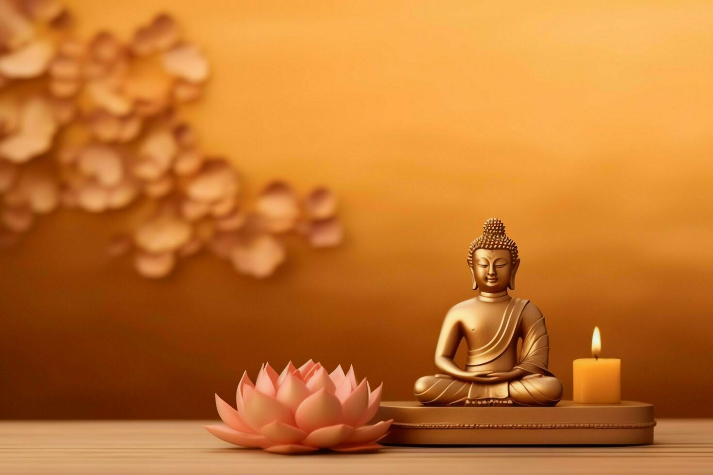 A buddha sits in in vesak buddha purnima day with copy space. Background for vesak festival day concept. Vesak celebration day greetings concept by AI Generated photo