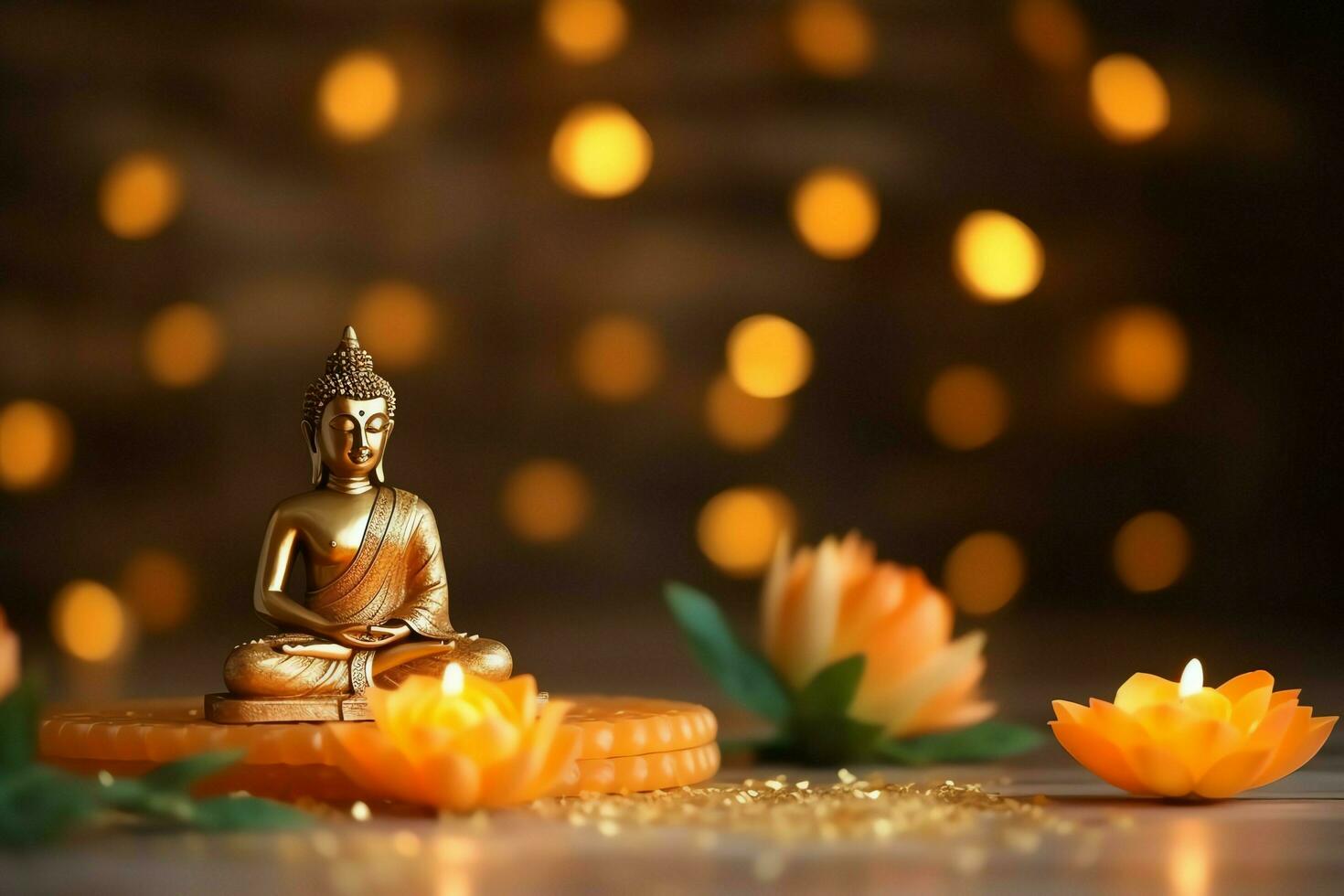 A buddha sits in in vesak buddha purnima day with copy space. Background for vesak festival day concept. Vesak celebration day greetings concept by AI Generated photo