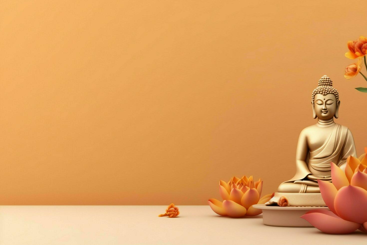 A buddha sits in in vesak buddha purnima day with copy space. Background for vesak festival day concept. Vesak celebration day greetings concept by AI Generated photo