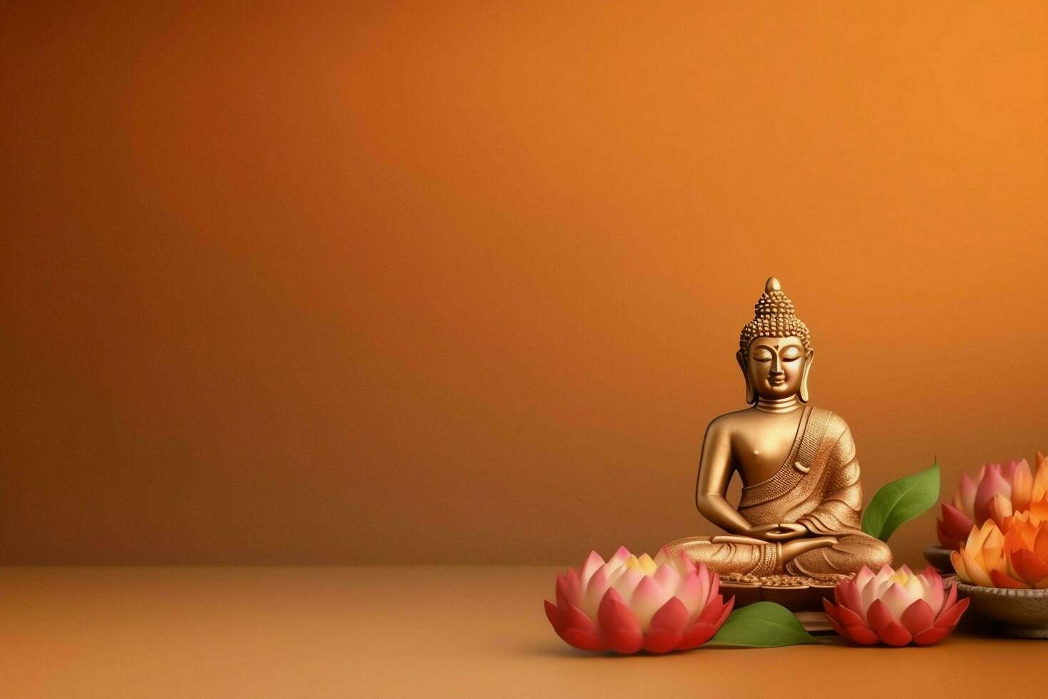A buddha sits in in vesak buddha purnima day with copy space. Background for vesak festival day concept. Vesak celebration day greetings concept by AI Generated photo
