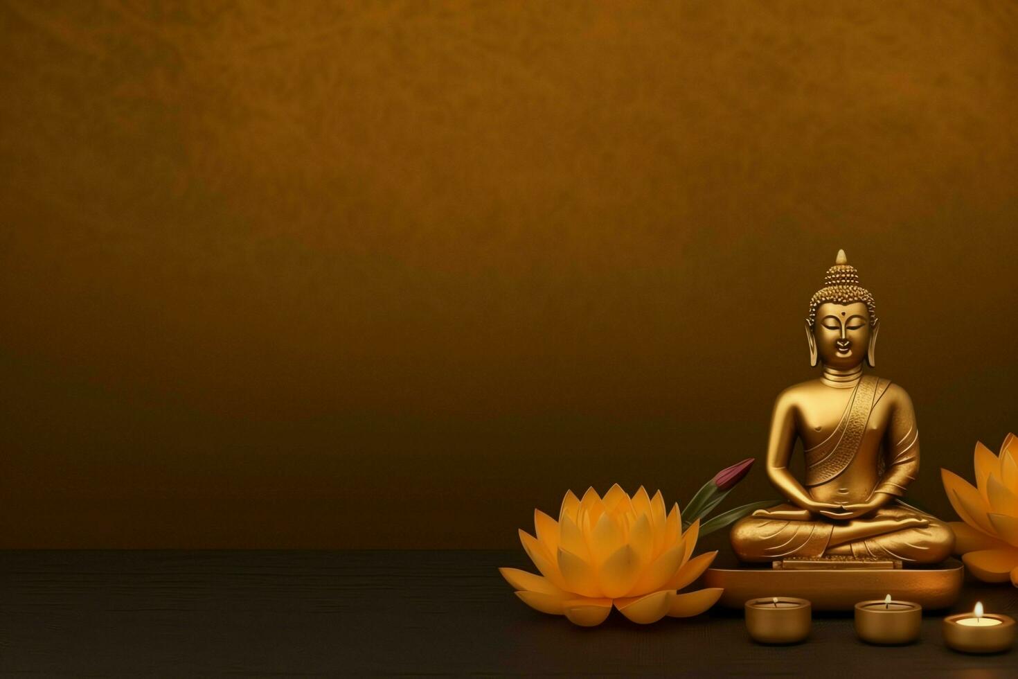 A buddha sits in in vesak buddha purnima day with copy space. Background for vesak festival day concept. Vesak celebration day greetings concept by AI Generated photo