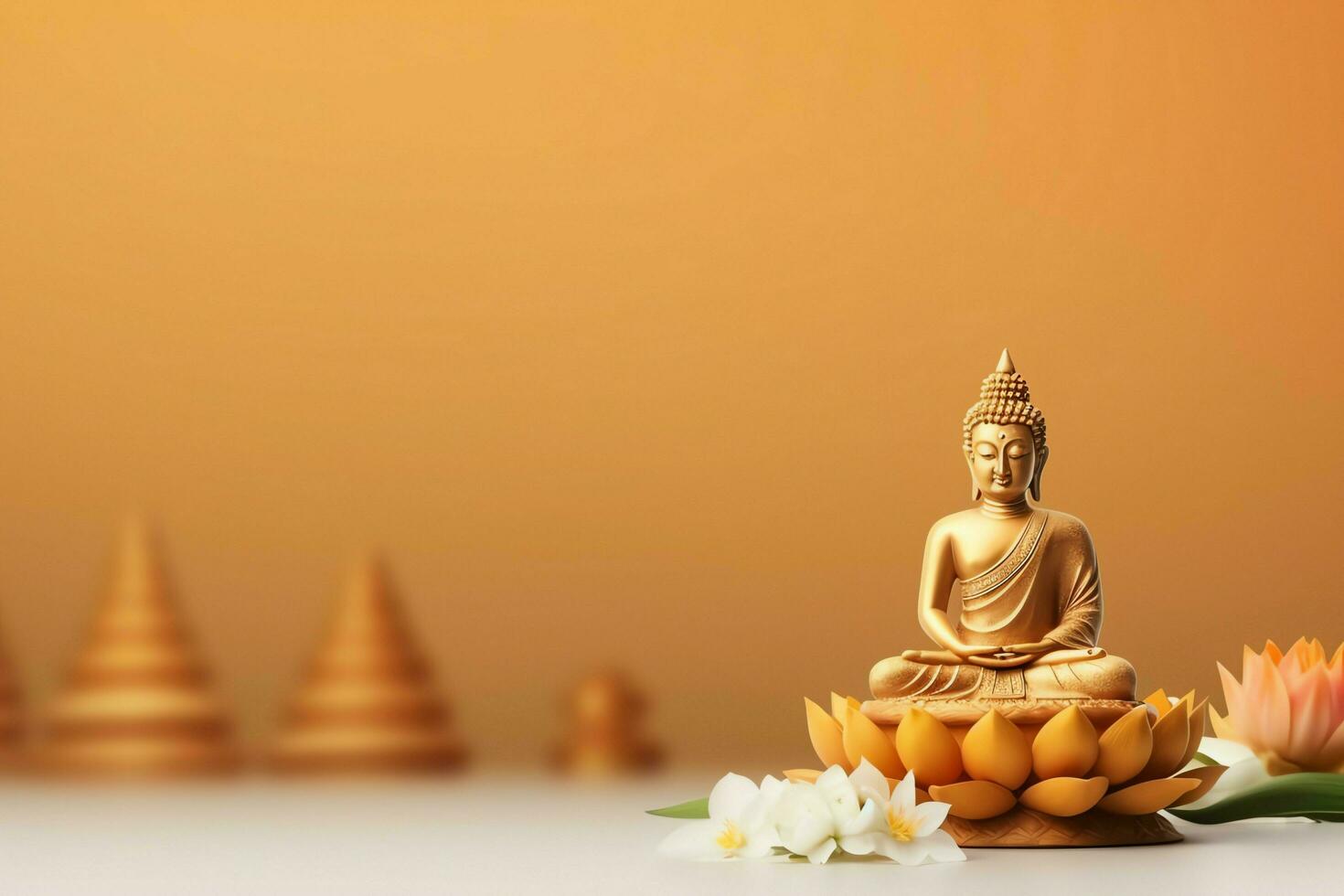 A buddha sits in in vesak buddha purnima day with copy space. Background for vesak festival day concept. Vesak celebration day greetings concept by AI Generated photo