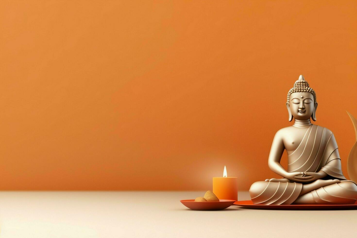A buddha sits in in vesak buddha purnima day with copy space. Background for vesak festival day concept. Vesak celebration day greetings concept by AI Generated photo