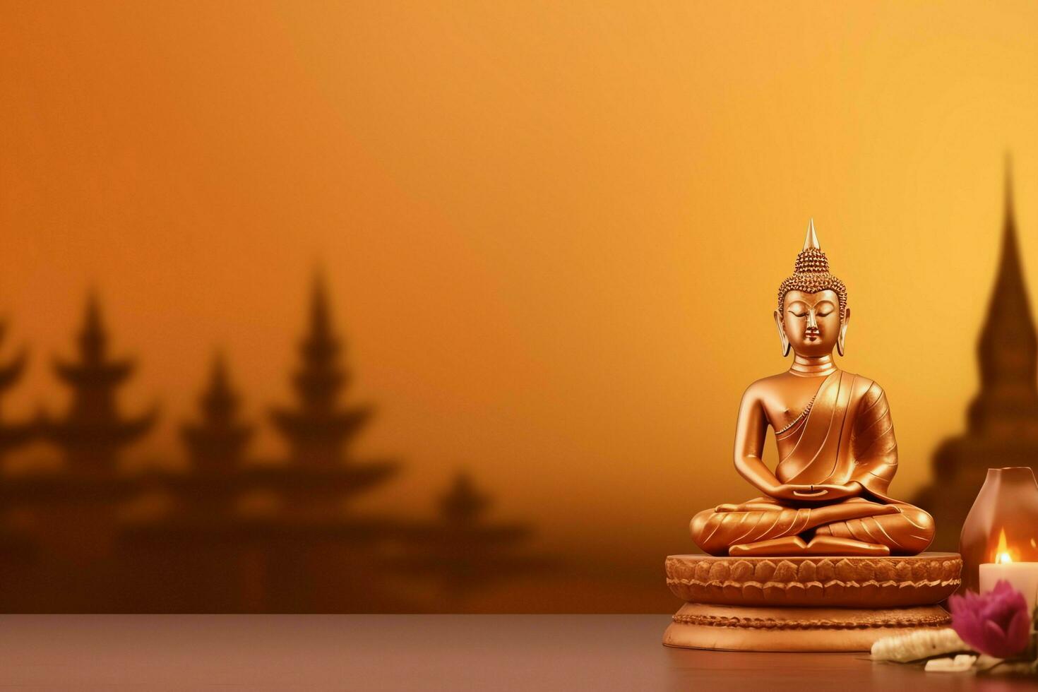 A buddha sits in in vesak buddha purnima day with copy space. Background for vesak festival day concept. Vesak celebration day greetings concept by AI Generated photo