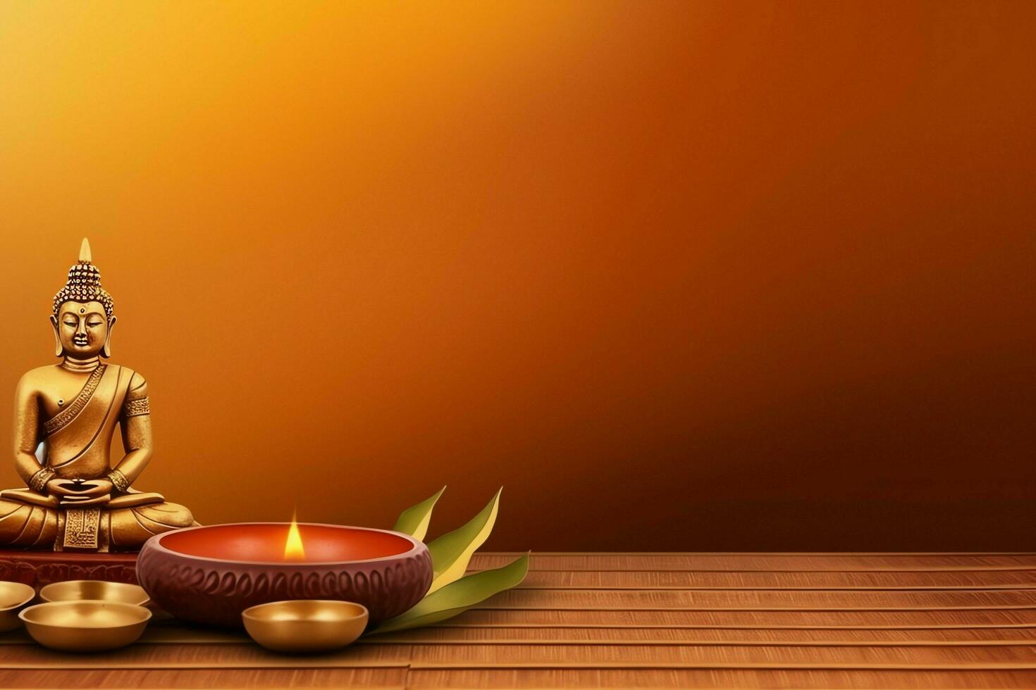 A buddha sits in in vesak buddha purnima day with copy space. Background for vesak festival day concept. Vesak celebration day greetings concept by AI Generated photo
