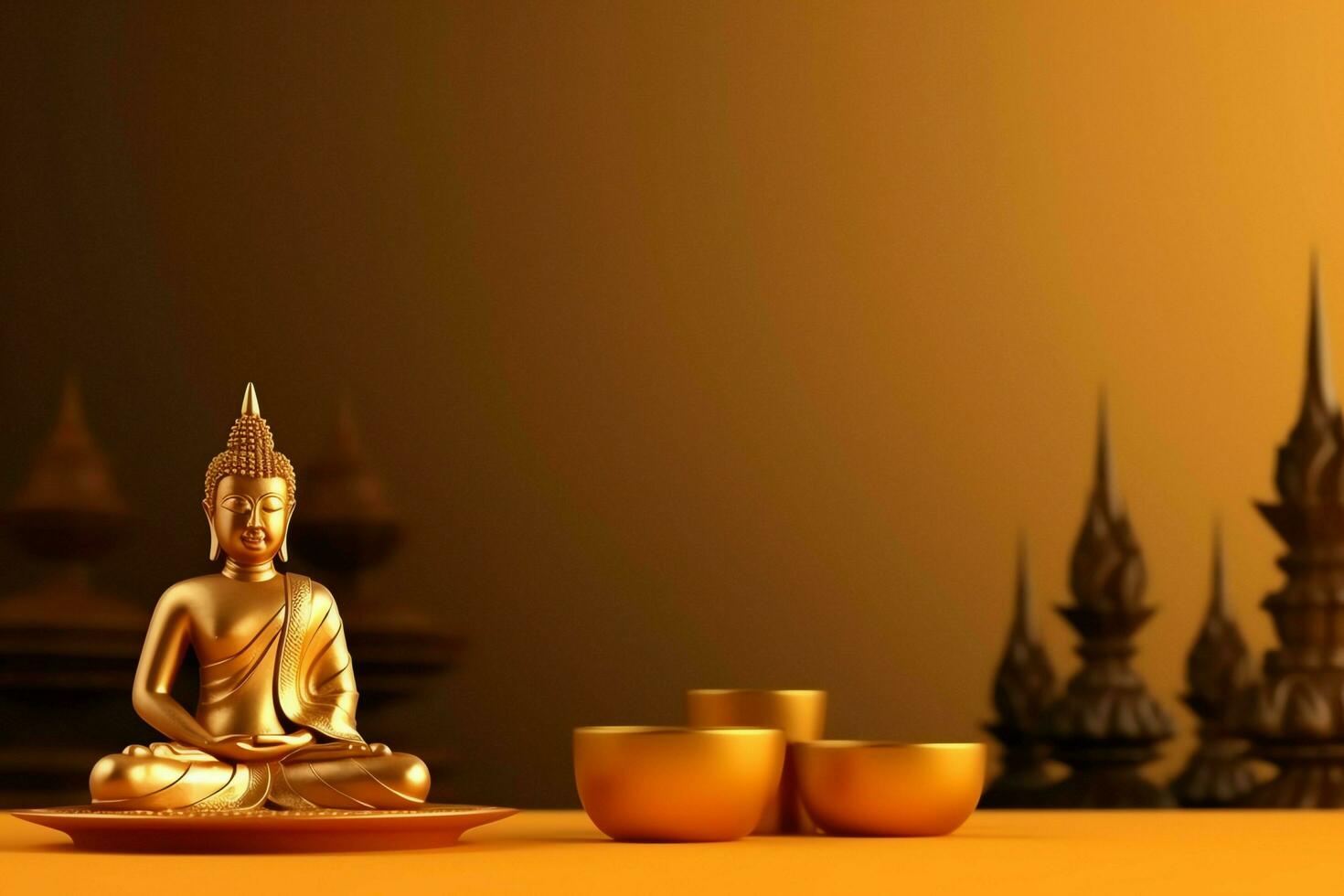 A buddha sits in in vesak buddha purnima day with copy space. Background for vesak festival day concept. Vesak celebration day greetings concept by AI Generated photo
