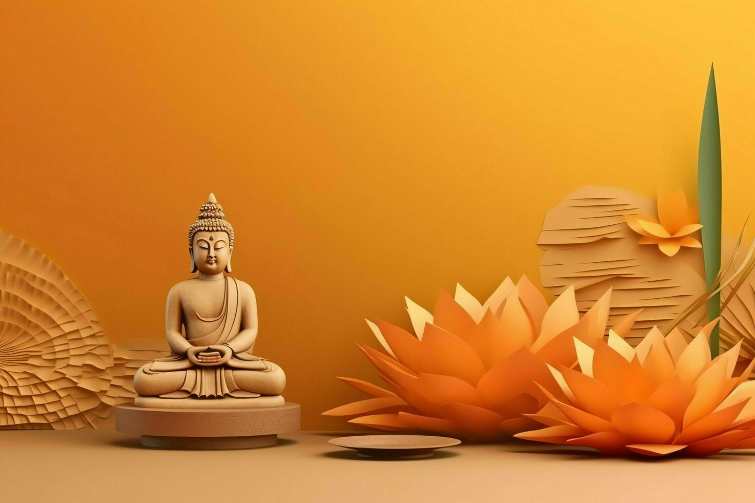 A buddha sits in in vesak buddha purnima day with copy space. Background for vesak festival day concept. Vesak celebration day greetings concept by AI Generated photo