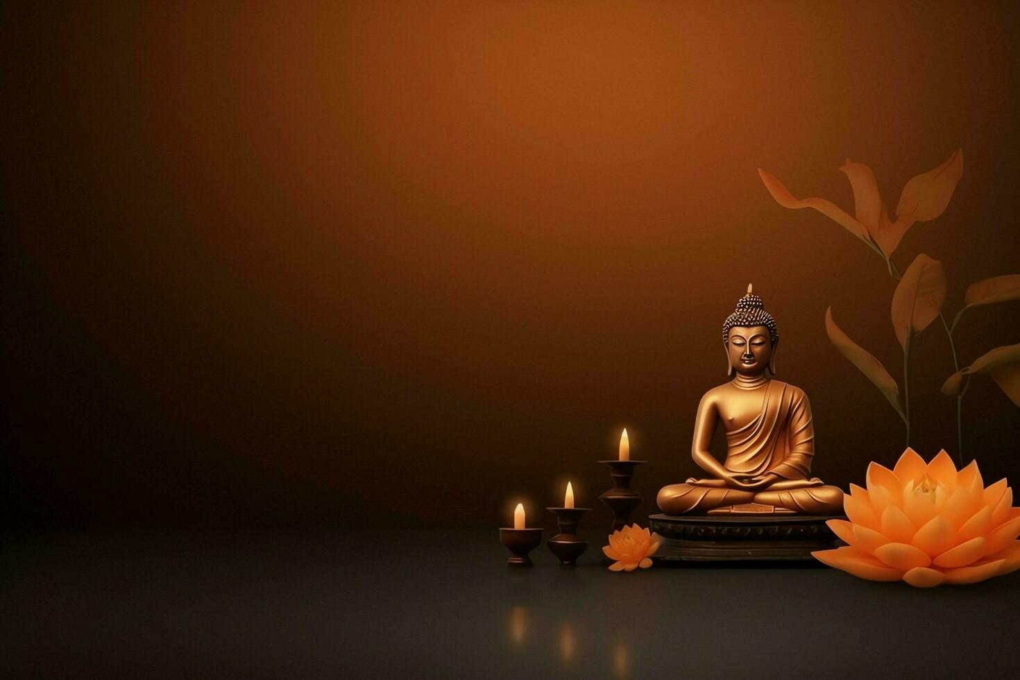 A buddha sits in in vesak buddha purnima day with copy space. Background for vesak festival day concept. Vesak celebration day greetings concept by AI Generated photo