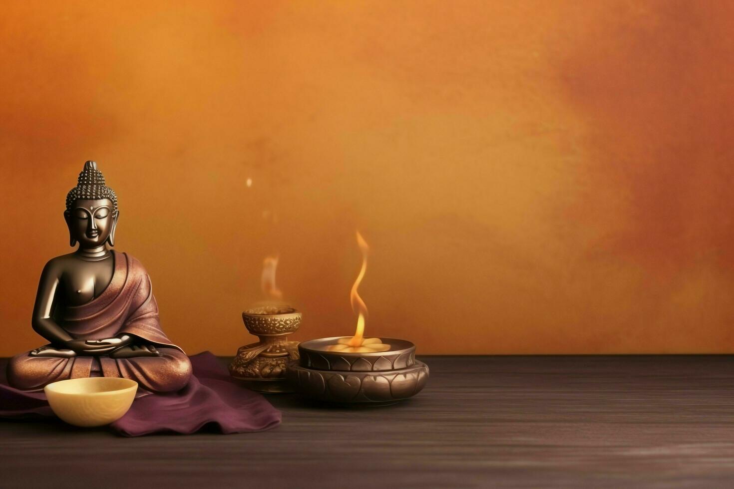 A buddha sits in in vesak buddha purnima day with copy space. Background for vesak festival day concept. Vesak celebration day greetings concept by AI Generated photo