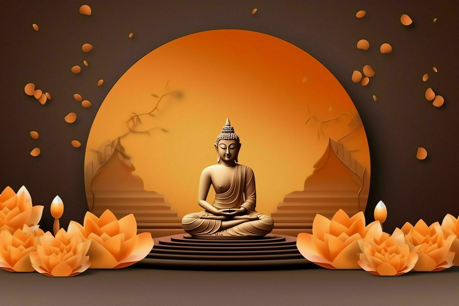 A buddha sits in in vesak buddha purnima day with copy space. Background for vesak festival day concept. Vesak celebration day greetings concept by AI Generated photo