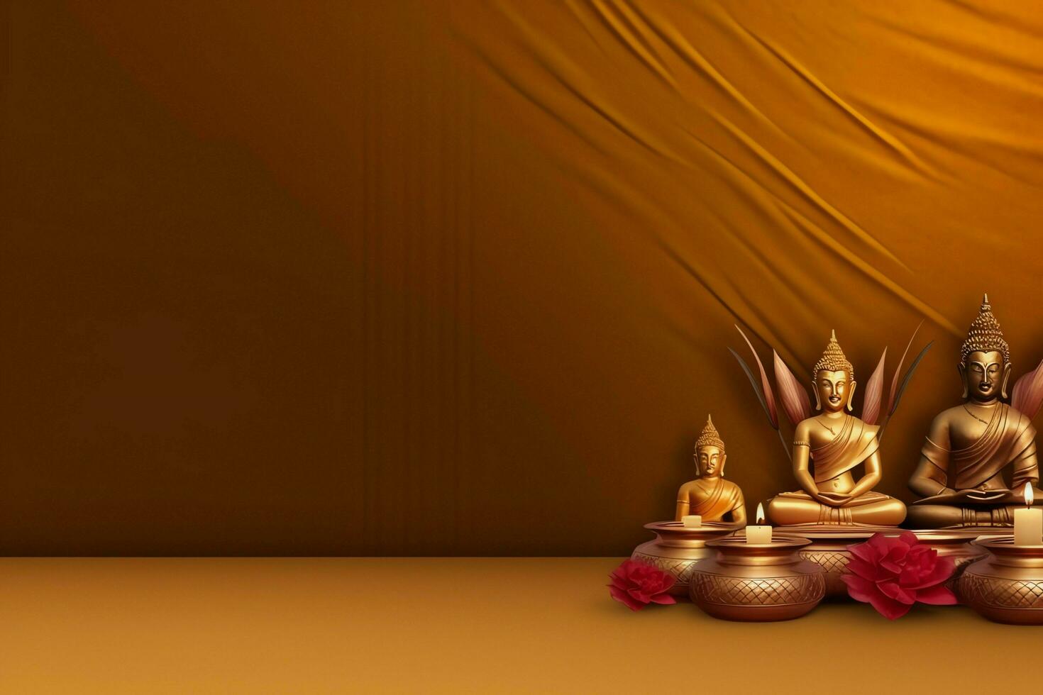 A buddha sits in in vesak buddha purnima day with copy space. Background for vesak festival day concept. Vesak celebration day greetings concept by AI Generated photo