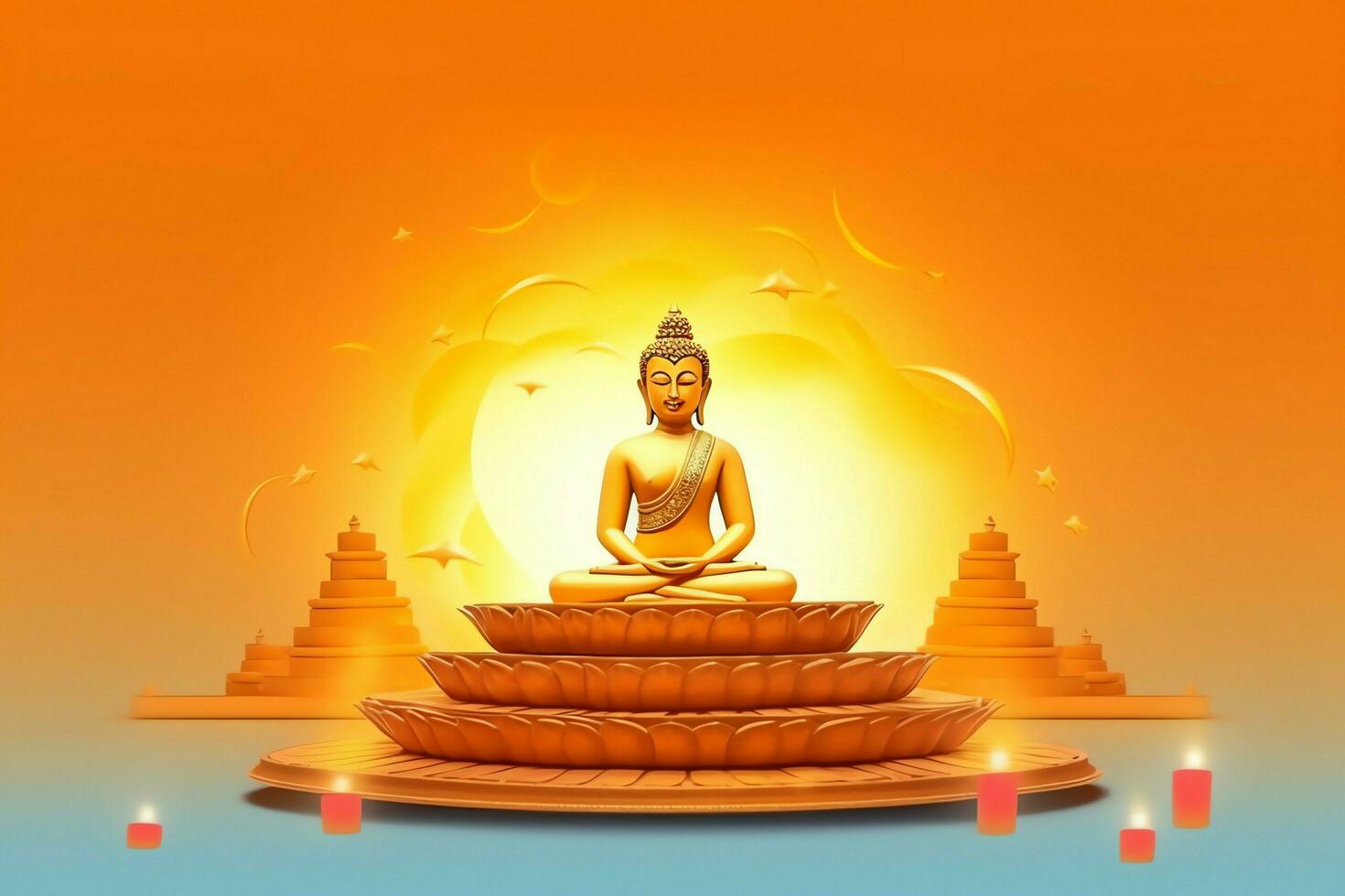 A buddha sits in in vesak buddha purnima day with copy space. Background for vesak festival day concept. Vesak celebration day greetings concept by AI Generated photo