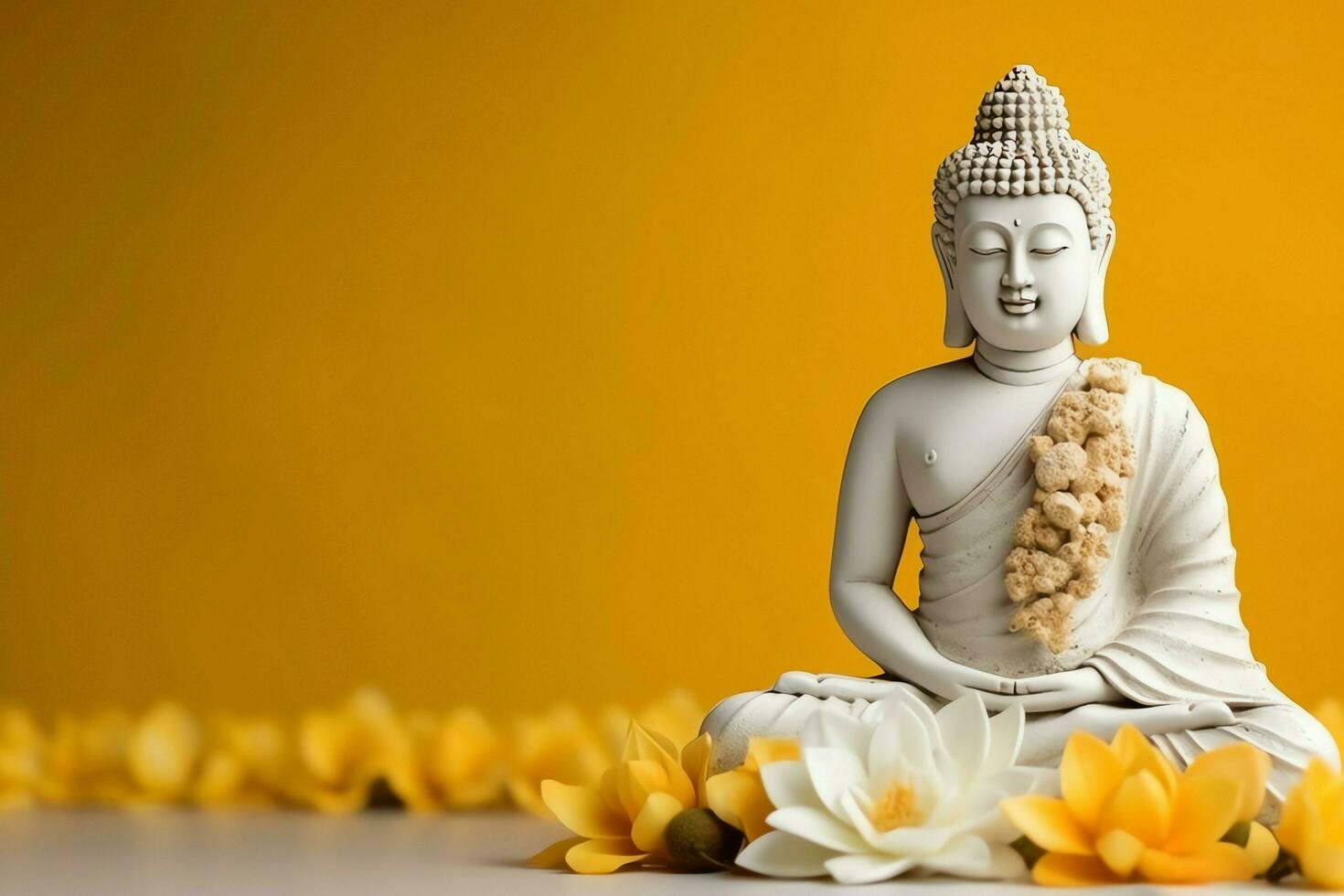 A buddha sits in in vesak buddha purnima day with copy space. Background for vesak festival day concept. Vesak celebration day greetings concept by AI Generated photo