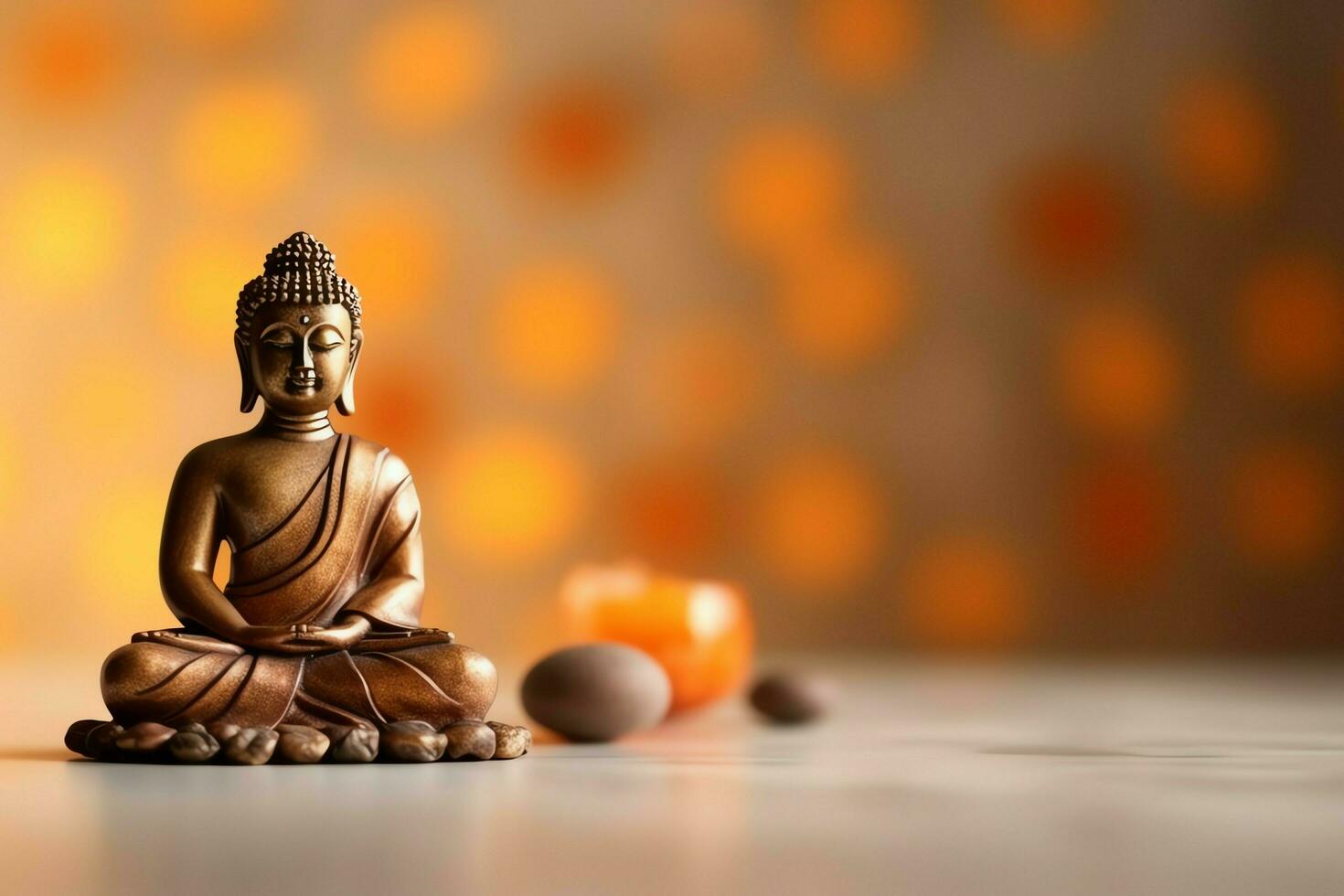 A buddha sits in in vesak buddha purnima day with copy space. Background for vesak festival day concept. Vesak celebration day greetings concept by AI Generated photo